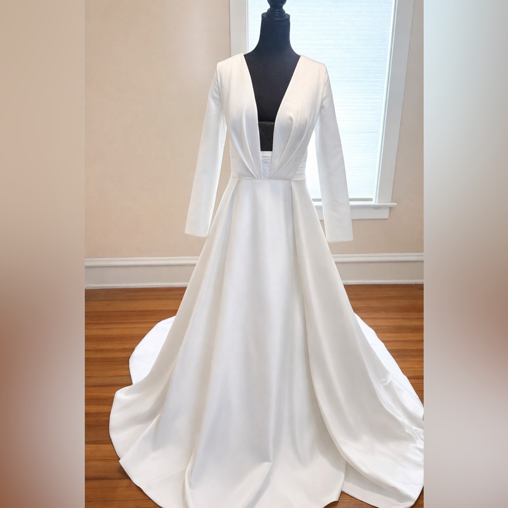 Pronovias Ivory Long-Sleeve V-Neck Satin Bridal Gown